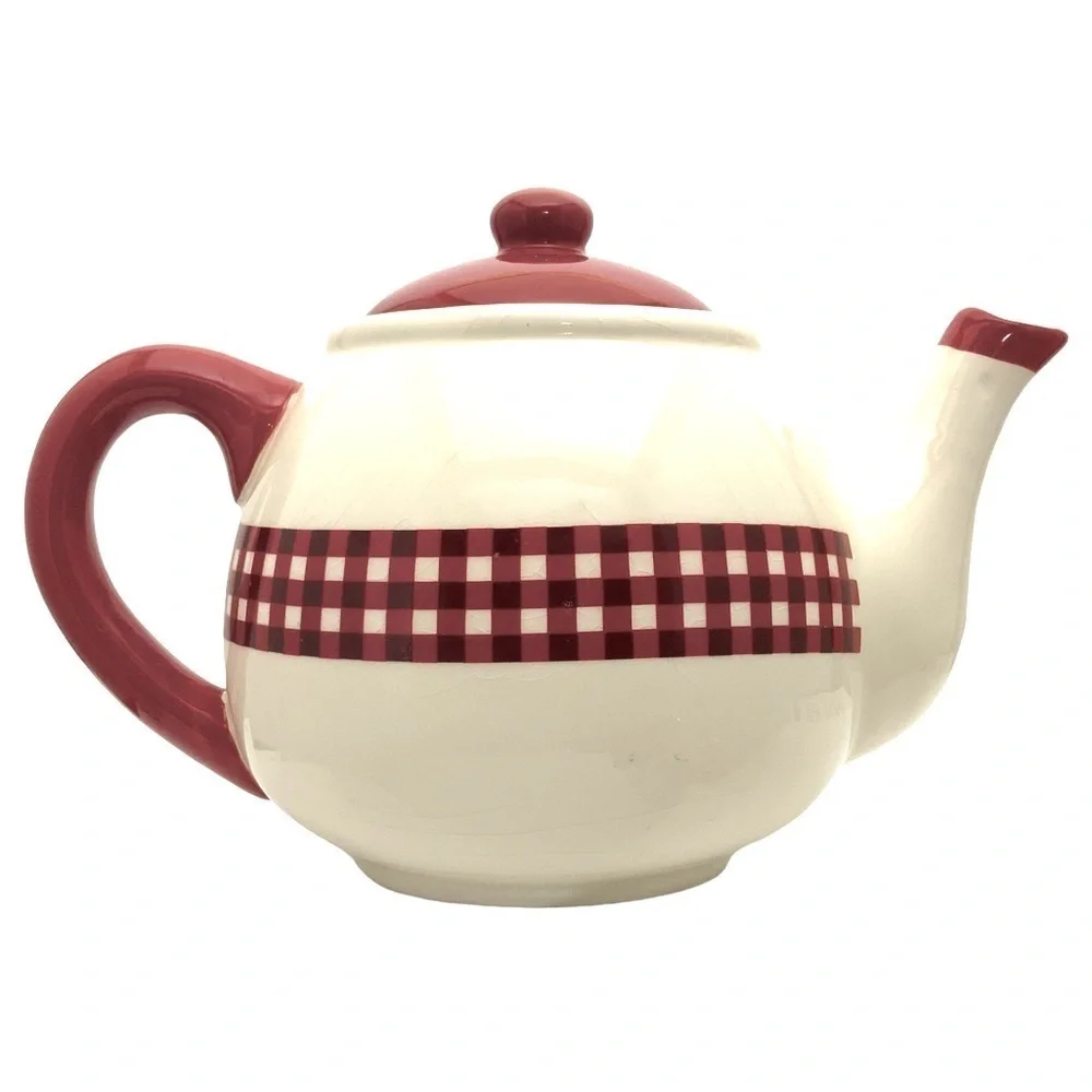 Teapot Folk Art Winter Gingham Buffalo Check Plaid Christmas Retired Red White
